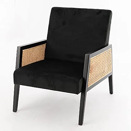 Amadeus Fauteuil Velours Noir et cannage, Unique