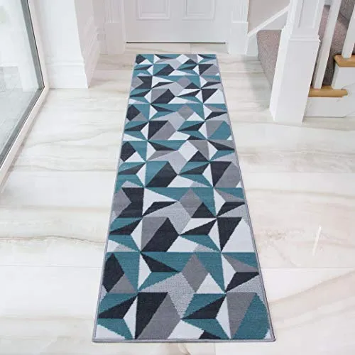 The Rug House Tapis de Salon Traditionnel Milan Motif Moderne Géométrique kaléidoscope Gris Argenté Crème Bleu Canard