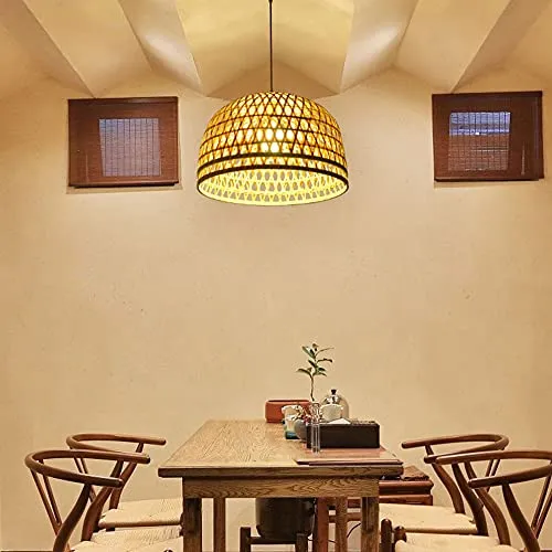 YAZAHOH Suspension en Bambou Tissé Suspension Naturelle Simple Tissée À La Main Lampe Suspendue De Ferme Créative Lustre en Rotin pour Salle À Manger Chambre