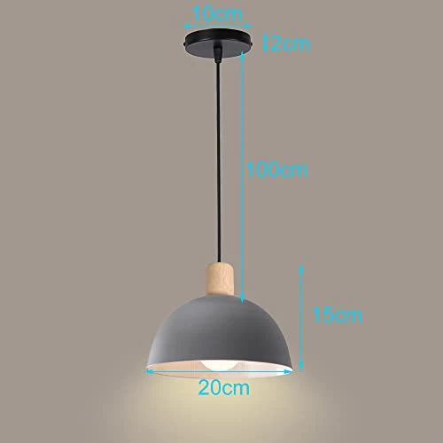 iDEGU Lustre Suspension Rétro Suspension Luminaire Moderne Style Demi-Cercle Plafonnier E27 en Bois Métal Lampe Suspension pour Chambre Salle à Manger Cuisine, Ø 20CM (Gris 1 pack)