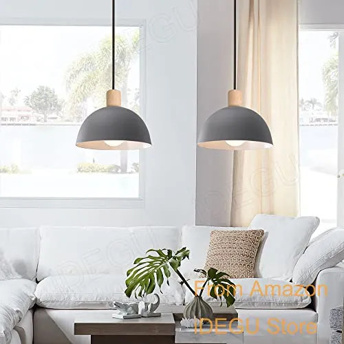 iDEGU Lustre Suspension Rétro Suspension Luminaire Moderne Style Demi-Cercle Plafonnier E27 en Bois Métal Lampe Suspension pour Chambre Salle à Manger Cuisine, Ø 20CM (Gris 1 pack)
