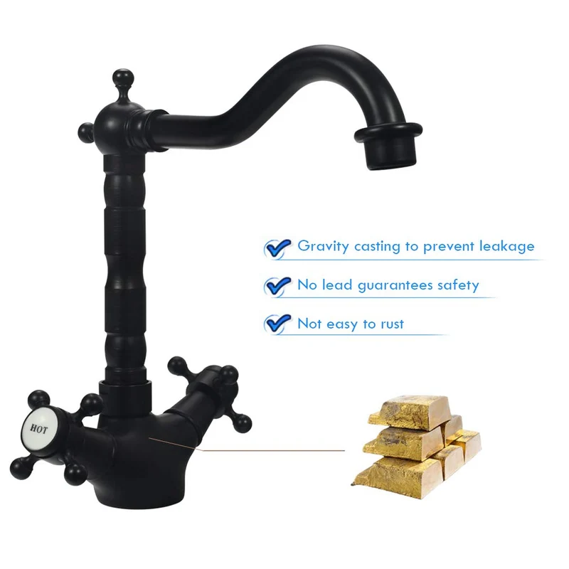 Robinet de Cuisine Mitigeur 360° Pivotant avec Double Levier Design Rétro Traditionnel Laiton Durable Noir Robinet HAOXIN HXB02E
