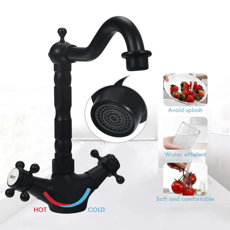 Robinet de Cuisine Mitigeur 360° Pivotant avec Double Levier Design Rétro Traditionnel Laiton Durable Noir Robinet HAOXIN HXB02E