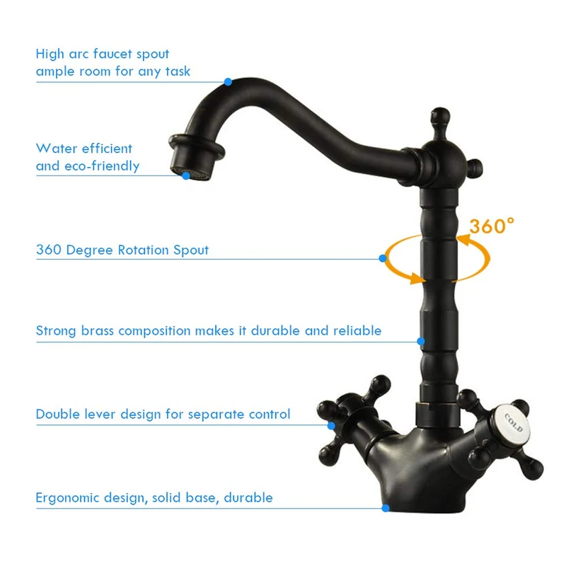 Robinet de Cuisine Mitigeur 360° Pivotant avec Double Levier Design Rétro Traditionnel Laiton Durable Noir Robinet HAOXIN HXB02E