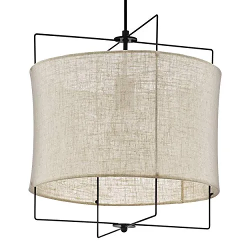 Eglo Suspension Bridekirk - 1 Ampoule - Vintage - Naturelle - Boho - Hygge - en Acier Noir et Textile Naturel - Lampe de Table de Salon Suspendue avec Douille E27 - Diamètre : 40 cm