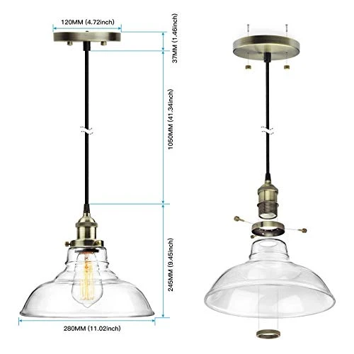 Edison Lot de 3 lampes suspendues industrielles en verre à hauteur réglable antique en laiton brossé E27 Idéal pour la cuisine, la salle à manger, le plafonnier Fixture