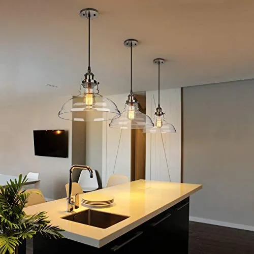 Edison Lot de 3 lampes suspendues industrielles en verre à hauteur réglable antique en laiton brossé E27 Idéal pour la cuisine, la salle à manger, le plafonnier Fixture