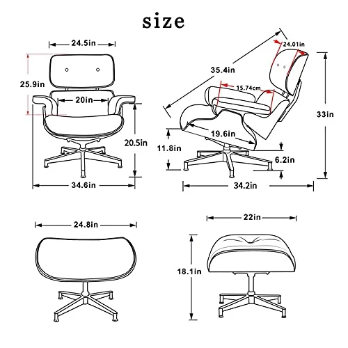 Xin Hai Yuan Chaise Pivotante Mid Century Lounge Chair avec Pouf, Fauteuil Inclinable en Cuir Véritable avec 8 Couches en Bois Massif Et Base en Aluminium Robuste pour Salon, Bureau, Salon