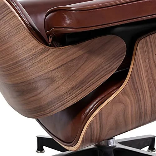 Xin Hai Yuan Chaise Pivotante Mid Century Lounge Chair avec Pouf, Fauteuil Inclinable en Cuir Véritable avec 8 Couches en Bois Massif Et Base en Aluminium Robuste pour Salon, Bureau, Salon