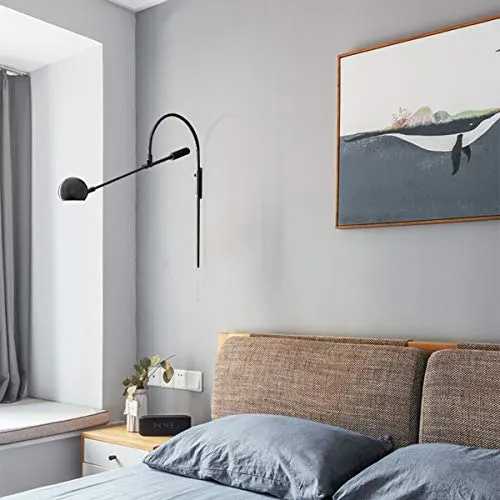 FREEHM Applique Murale Intérieur Rétro, Tourner Réglable Bras De Balançoire Lumière Applique Bras Long Réglable Abat-Jour en Métal, Salon Chambre Luminaire Lampe De Lecture,G9,Noir