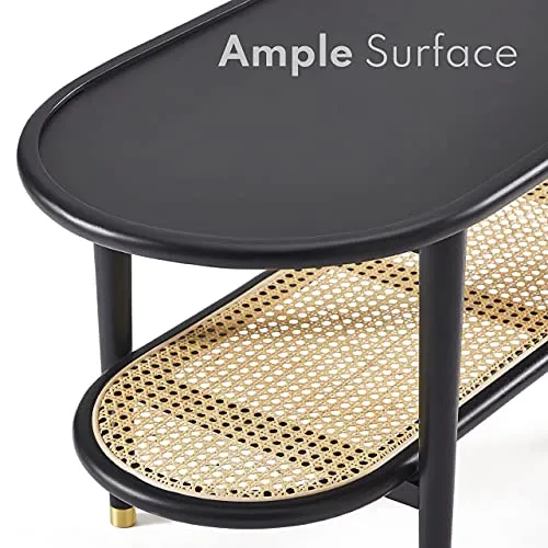 Harmati Table basse pour salon – Table d'appoint noire avec rangement, tables modernes du milieu du siècle, pieds en bois massif et rotin naturel