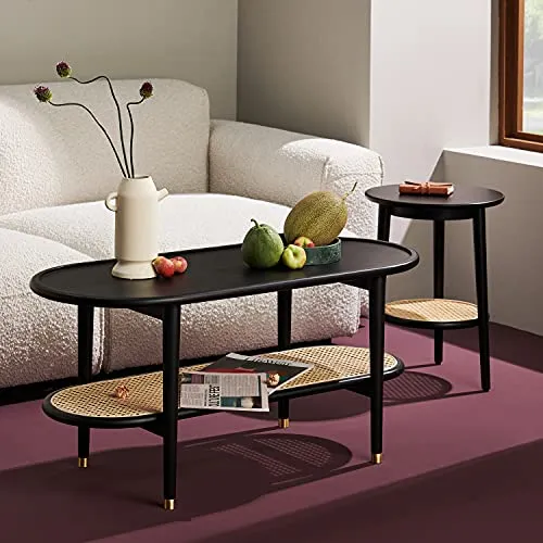 Harmati Table basse pour salon – Table d'appoint noire avec rangement, tables modernes du milieu du siècle, pieds en bois massif et rotin naturel