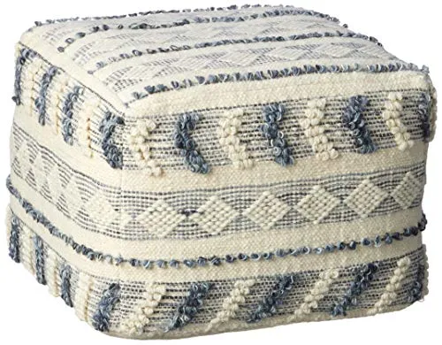 LR Home Pouf en Laine Bleu Marine/Bleu/Ivoire 45,7 x 45,7 x 35,6 cm