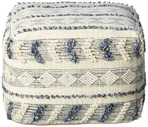 LR Home Pouf en Laine Bleu Marine/Bleu/Ivoire 45,7 x 45,7 x 35,6 cm