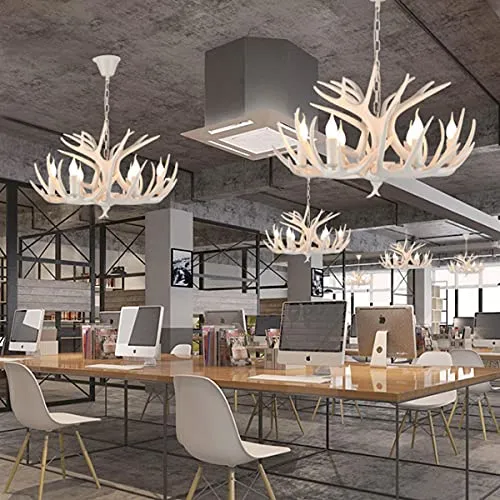 HYQJUNE E27 Pendentif Lampe Vintage Salon Pendante Lumière Bois De Cerf Blanc Résine Lustre Hauteur Réglable Suspension Lampe 6 Têtes Chandelier Restaurant Grenier Bar Café Suspension Plafonnier