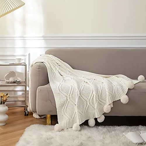 MYLUNE HOME Plaid Couverture Tricot en Chenille avec Les Pompons - Couverture de lit Douce et Chaude Jeté de Canapé (130 x 160cm)-Blanc