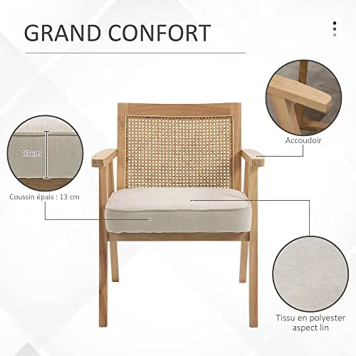 HOMCOM Fauteuil Lounge avec Coussin - Dossier en cannage - Assise Profonde - accoudoirs - Structure Bois hévéa - Aspect Lin Beige