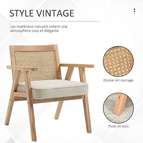 HOMCOM Fauteuil Lounge avec Coussin - Dossier en cannage - Assise Profonde - accoudoirs - Structure Bois hévéa - Aspect Lin Beige