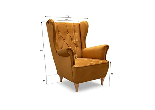 E-MEUBLES Fauteuil en 1 Place en Tissu Fixe, Fauteuil tapissé avec Oreilles et accoudoirs - VIVALDO (Jaune)