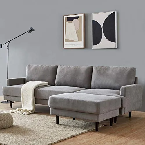 Canapé d'angle en forme de L, canapé d'angle réversible 3 places, canapé moderne rembourré avec repose-pieds ottoman pour salon, salon (gris, 266 cm)