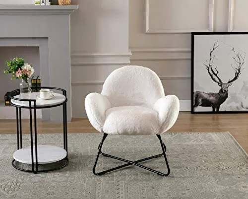 Wahson Chaise Salle à Manger Chaise de Loisirs avec Pieds en Métal Croisés, Fauteuil en Fausse Fourrure pour Salon/Chambre (Blanc)