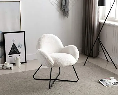 Wahson Chaise Salle à Manger Chaise de Loisirs avec Pieds en Métal Croisés, Fauteuil en Fausse Fourrure pour Salon/Chambre (Blanc)