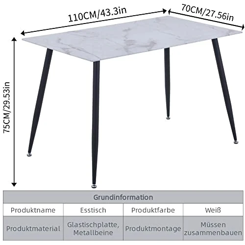 GOLDFAN Table à Manger Design Moderne avec Pieds en Métal pour Salle à Manger Salon Bureau (Blanc, 110 x 70 x 75 cm)