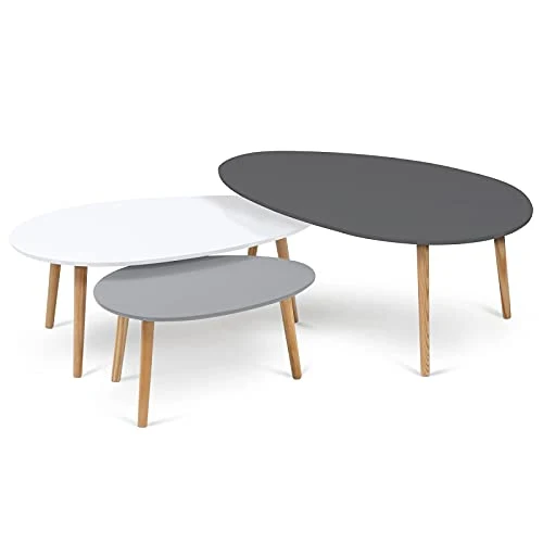 IDMarket - Lot de 3 Tables Basses gigognes Gigi laquées Gris foncé/Blanc/Gris Clair