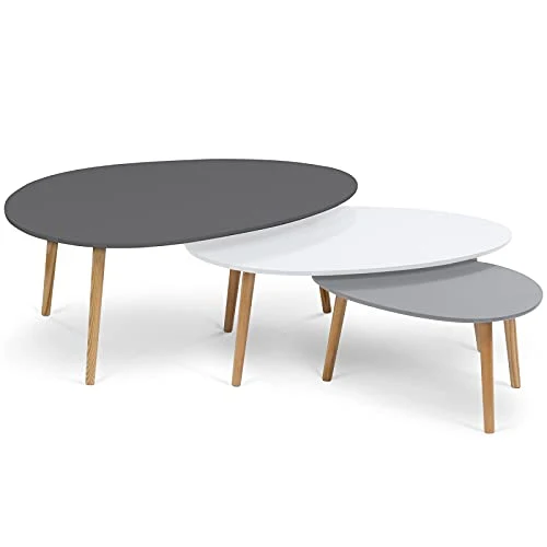 IDMarket - Lot de 3 Tables Basses gigognes Gigi laquées Gris foncé/Blanc/Gris Clair