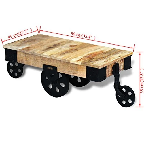 vidaXL Table Basse avec Roues de Salon Bois de manguier Brut Meuble de Rangement