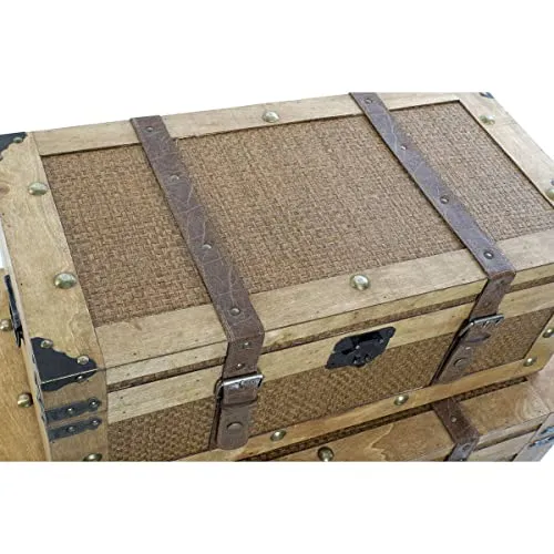 Wadiga Set de 3 Malles de Rangement Bois et Toile Marron