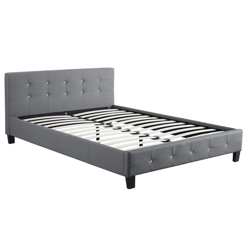 IDIMEX Lit Double pour Adulte Josy Couchage 140 x 190 cm avec sommier 2 Places / 2 Personnes, tête et Pied de lit capitonnés avec Strass, revêtement synthétique Gris