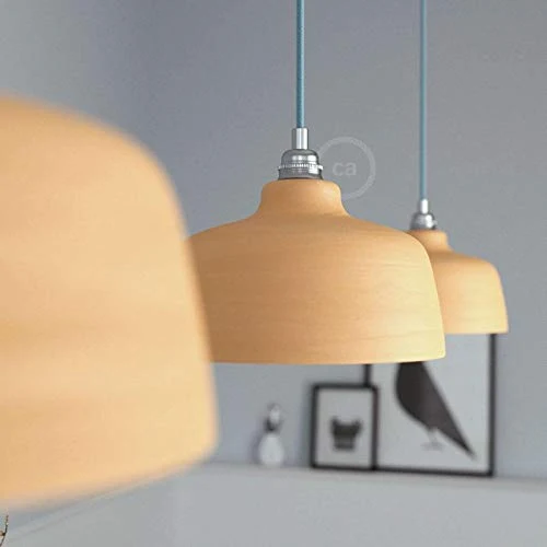 Suspension fabriquée en Italie avec câble Textile, Abat-Jour Coupe en céramique et Finition en métal - sans Ampoule, Terracotta à Rayures -