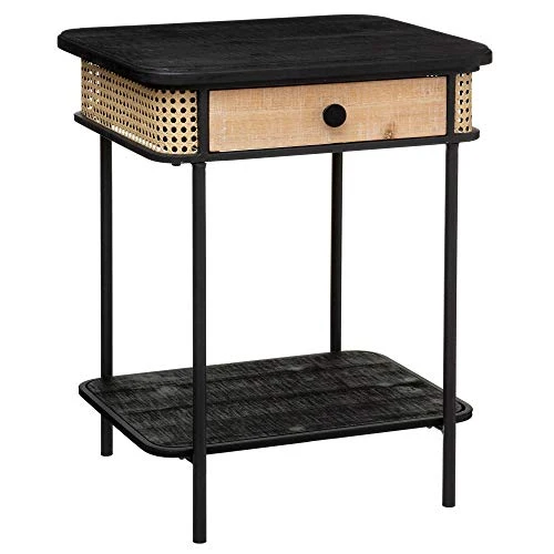 Atmosphera - Table de Chevet 1 Tiroir en Métal Noir et Cannage H 60 cm
