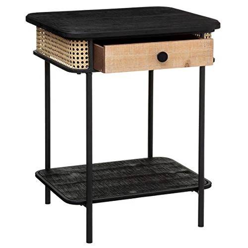 Atmosphera - Table de Chevet 1 Tiroir en Métal Noir et Cannage H 60 cm