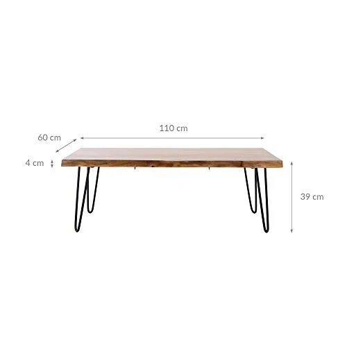 WOMO-DESIGN Table Basse pour Salon - 110 x 60 x 39 cm - en Bois d`Accacia Massif Naturel - Pieds en Epingle à Cheveux en Métal Noir - Design Moderne - Table d'Appoint pour Salon - Fait à Main