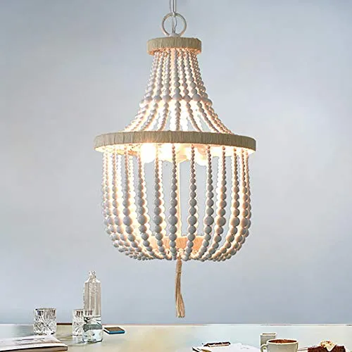 Pendentif en perle de bois - Lustre vintage - Lustre en bois avec 2 culots E14.