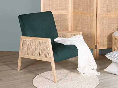 Vente-unique - Fauteuil en Velours et cannage Cane - Vert foncé