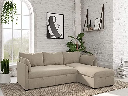 BUDWING Orlando Canapé Convertible d'angle Lit Chaise Longue Coffre Réversible Droite et Gauche Beige