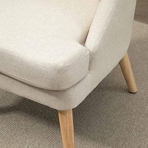 HOMCOM Fauteuil Lounge Design scandinave Pieds effilés Bois Massif hévéa revêtement Tissu Polyester Aspect Lin Beige