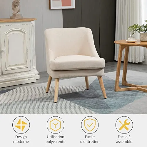 HOMCOM Fauteuil Lounge Design scandinave Pieds effilés Bois Massif hévéa revêtement Tissu Polyester Aspect Lin Beige