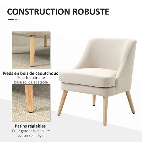 HOMCOM Fauteuil Lounge Design scandinave Pieds effilés Bois Massif hévéa revêtement Tissu Polyester Aspect Lin Beige
