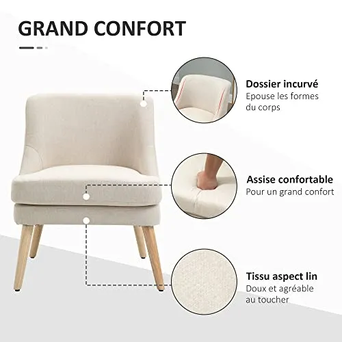 HOMCOM Fauteuil Lounge Design scandinave Pieds effilés Bois Massif hévéa revêtement Tissu Polyester Aspect Lin Beige