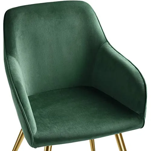 TecTake 800862 Lot de 4 Chaises de Salle à Manger Effet Velours Scandinave Pieds en Acier Dorés Élégant avec Accoudoirs – Diverses Couleurs (Vert Foncé)
