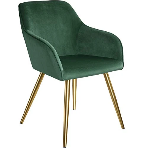 TecTake 800862 Lot de 4 Chaises de Salle à Manger Effet Velours Scandinave Pieds en Acier Dorés Élégant avec Accoudoirs – Diverses Couleurs (Vert Foncé)