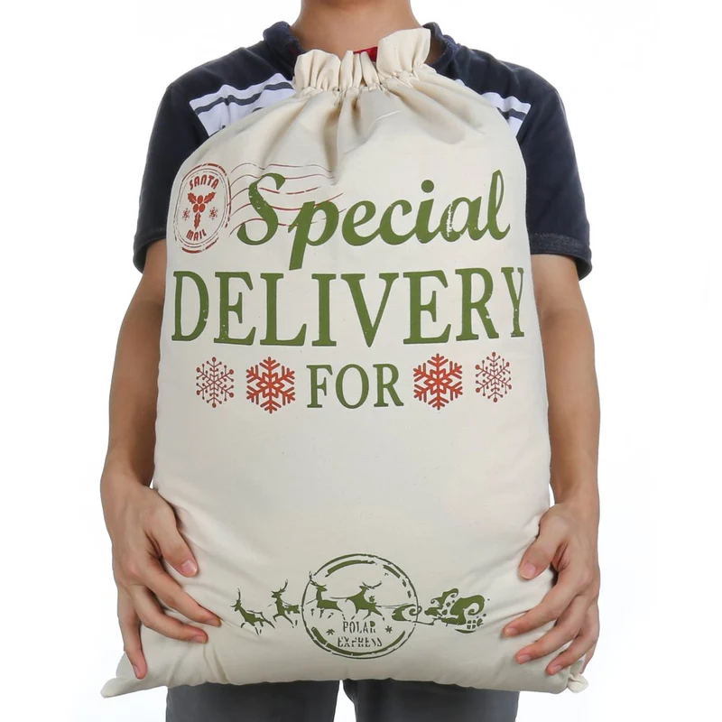 Sac de noel cadeau Santa Sacks Personnalisé Toile de jute Extra Large 19.7" X 26.8" Avec cordon rouge pour Noël présente des décorations de cadeaux de Noël et des cadeaux de fête (Grand)