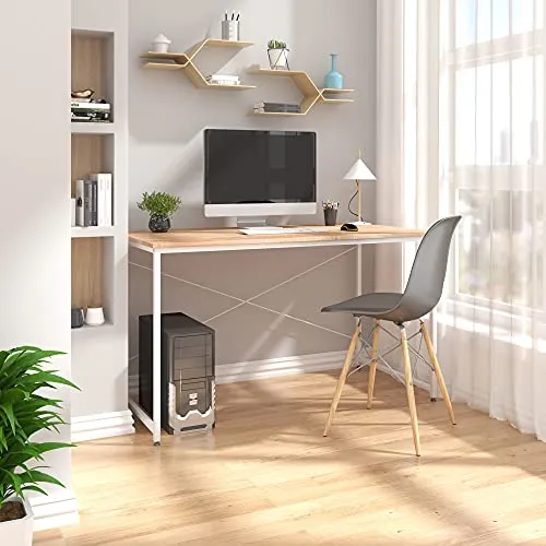WOLTU TSB08hei Bureau d'Ordinateur Table de Bureau en aggloméré et Acier 120x60x70cm, 10,62 kg, Chêne Clair+Blanc