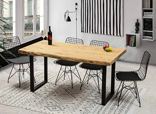 Gozos Berne Table à Manger Moderne avec Plateau en Bois Massif Brut d'Epicéa, Table Fait Main de Cuisine et de Salon avec U-Pieds en Métal Laqué, 6-8 Personnes, 50 mm d'épaisseur, 160 x 80 cm