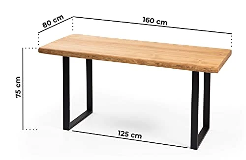 Gozos Berne Table à Manger Moderne avec Plateau en Bois Massif Brut d'Epicéa, Table Fait Main de Cuisine et de Salon avec U-Pieds en Métal Laqué, 6-8 Personnes, 50 mm d'épaisseur, 160 x 80 cm