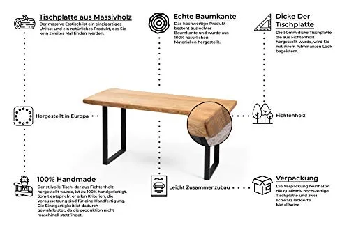 Gozos Berne Table à Manger Moderne avec Plateau en Bois Massif Brut d'Epicéa, Table Fait Main de Cuisine et de Salon avec U-Pieds en Métal Laqué, 6-8 Personnes, 50 mm d'épaisseur, 160 x 80 cm